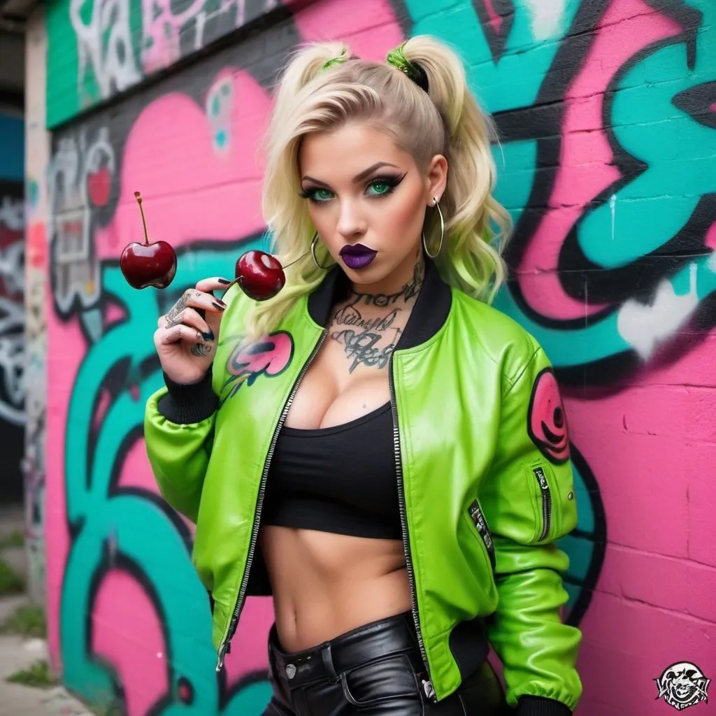 Prompt: Blonde ringlette pigtail hair green eyes also tattoos all over  revealing extra large cleavage full lips wearing designer makeup and tight pants with verticle slits in them graffiti leather bomber jacket medusa neon green graffitti also eating a big cherry