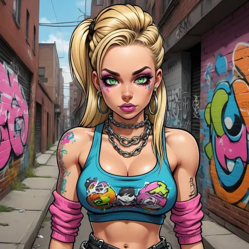 Prompt: cartoon charachture graffitti art blonde multicolored microbraided hair female with green eyes revealing extra large cleavage and tight multicolored graffiti outfit and shoes multicolored pink blue gothic punk steam punk emo exotic classy gangster pose money original graffiti tech touch in the street hustle balaclava friends muscle 
