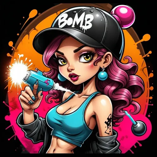 Prompt: A graffiti female cartoon charachter bomb spray spray custom art -Sedusa Adornment on black backround