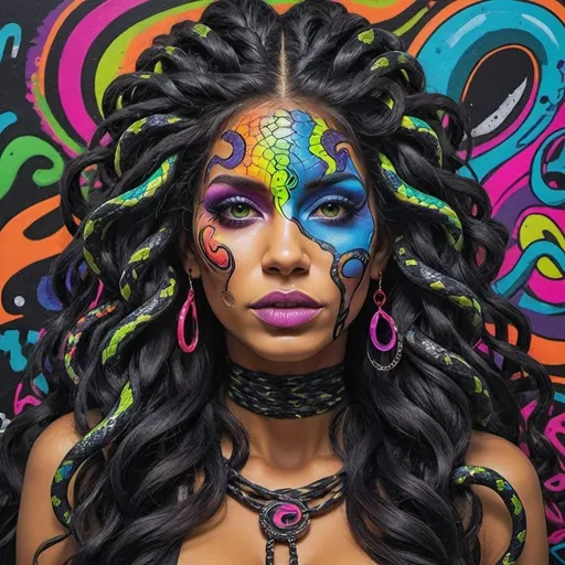 Prompt: Psycadelic Art portrait Color black and multi neon print page Graffiti art face microbraided snake long medusa hair charachter revealing cleavage graffiti art face make up print sedusa adornment