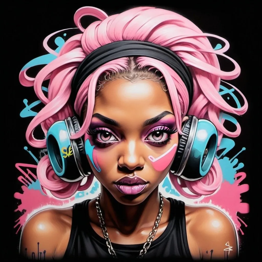 Prompt: A graffiti female charachter bomb hiphop custom pastel art -Sedusa Adornment on black backround