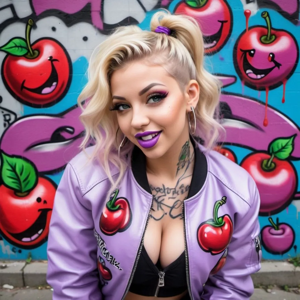 Prompt: Blonde ringlette pigtail hair tattoos revealing extra large cleavage full lips smilinhwearing designer makeup and tight pants with verticle slits in them graffiti art light purple leather bomber jacket medusa graffitti also eating a big cherries and lips graffiti art bomber jacket sedusa