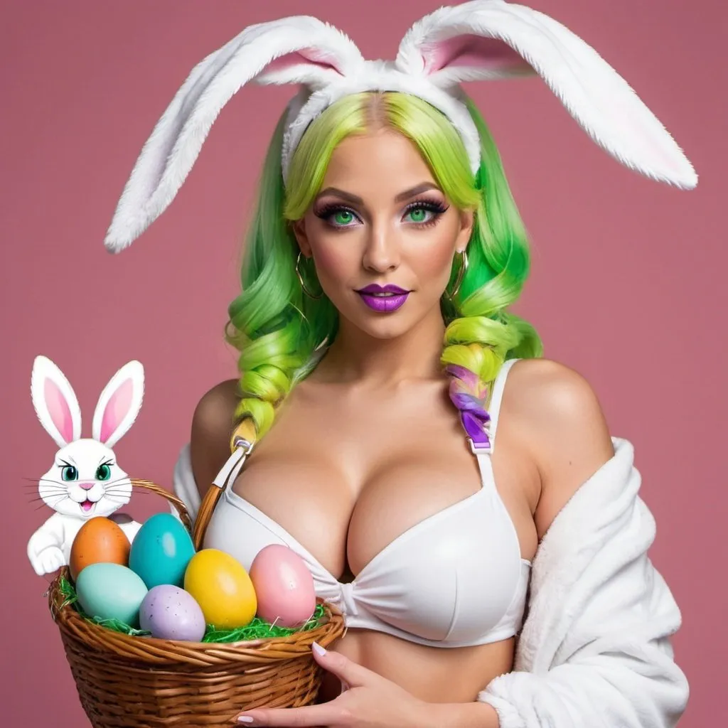 Prompt: Blonde rainbow ringlette pigtail hair green eyes nateral hip-hop character female with extra large revealing cleavage full lips wearing designer makeup and wearing a revealing exotic white Easter bunny costume and holding a Easter basket 