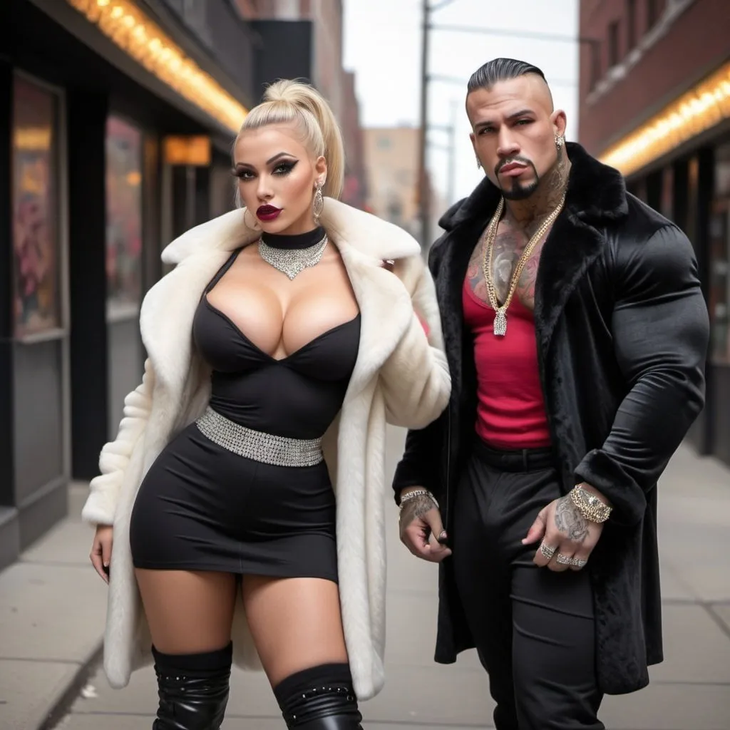 Prompt: Blonde ringlette pigtail hair nateral hip-hop human female with extra large revealing cleavage full lips wearing designer makeup and holy freyed tight outfit fur coat high heels on a date with a muscular tattooed dark haired gangster man with bling