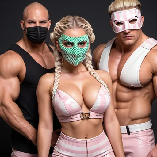 Prompt: Blonde female green eyes  micro braided updo revealing extra large cleavage and wearing a 2 piece  light pink and white leather checkered  outfit wearing a mask also muscular men around her wearing masks 