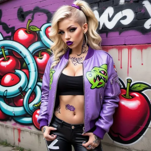 Prompt: Blonde ringlette pigtail hair tattoos revealing extra large cleavage full lips wearing designer makeup and tight pants with verticle slits in them graffiti art light purple leather bomber jacket medusa graffitti also eating a big cherries and lips graffiti art bomber jacket sedusa