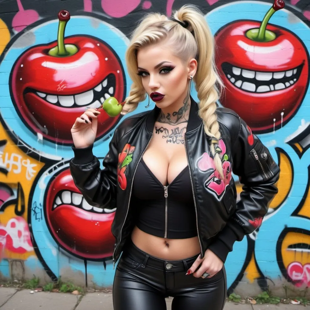 Prompt: Blonde ringlette pigtail hair tattoos revealing extra large cleavage full lips wearing designer makeup and tight pants with verticle slits in them graffiti art black leather bomber jacket medusa graffitti also eating a big cherry graffiti art bomber jacket sedusa