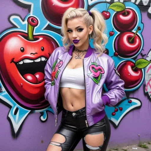 Prompt: Blonde ringlette pigtail hair tattoos revealing extra large cleavage full lips smilinhwearing designer makeup and tight pants with verticle slits in them graffiti art light purple leather bomber jacket medusa graffitti also eating a big cherries and lips graffiti art bomber jacket sedusa