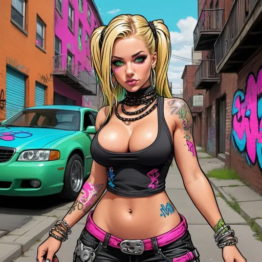 Prompt: cartoon charachture graffitti art blonde multicolored microbraided hair female with green eyes revealing extra large cleavage and tight multicolored graffiti outfit and shoes multicolored pink blue gothic punk steam punk emo exotic classy gangster pose money original graffiti tech touch in the street hustle balaclava friends muscle 
