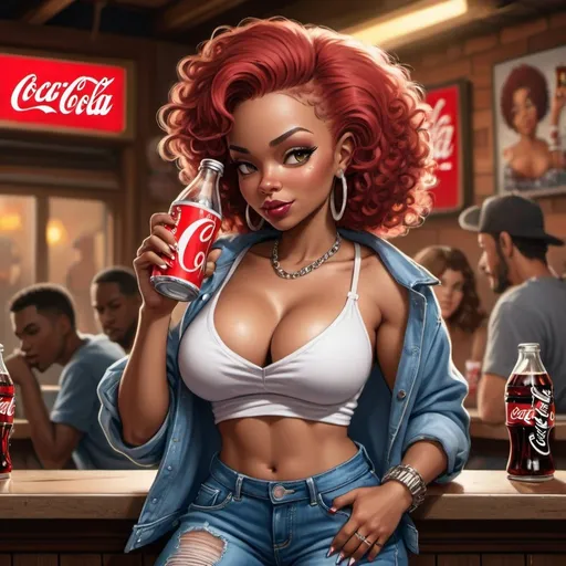 Prompt: Little Annie hip-hop character female with extra large revealing cleavage and holy freyed tight jeans drinking a coke