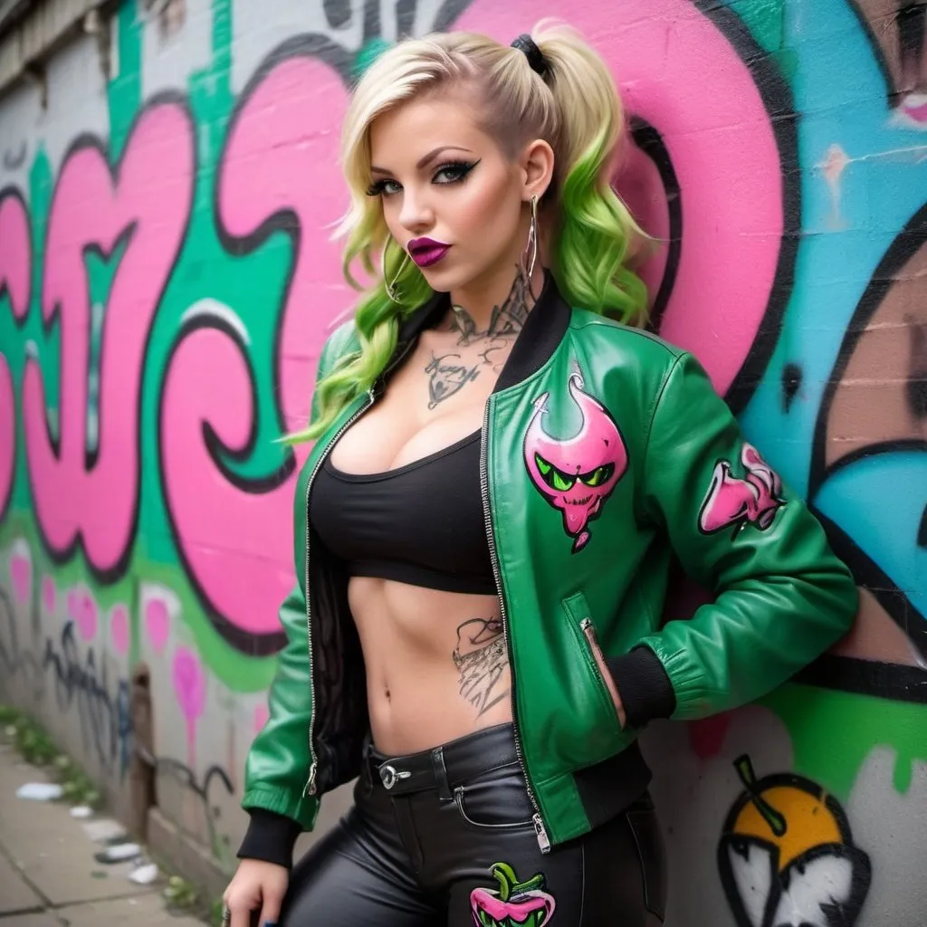 Prompt: Blonde ringlette pigtail hair green eyes tattoos revealing extra large cleavage full lips wearing designer makeup and tight pants with verticle slits in them graffiti black leather with pink and green graffitti  leather bomber jacket medusa graffitti also eating a big cherry