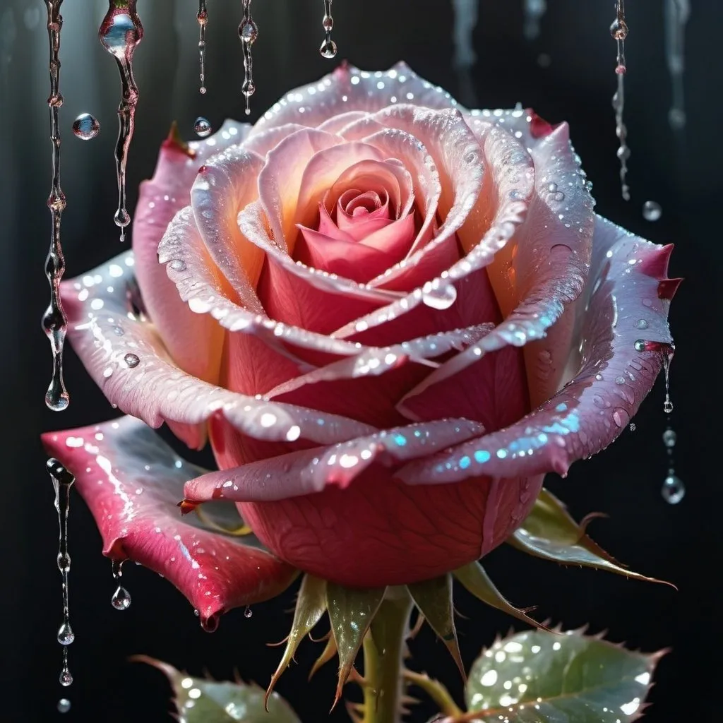 Prompt: A rose of a godlike light and brilliant detailed color with thorns of glittery dripping water and a hullucination expression of love and life 