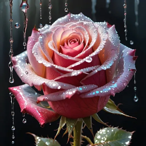 Prompt: A rose of a godlike light and brilliant detailed color with thorns of glittery dripping water and a hullucination expression of love and life 