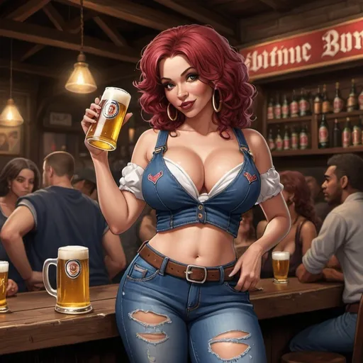 Prompt: Little Annie hip-hop character female with extra large revealing cleavage and holy freyed tight jeans drinking a old English beer