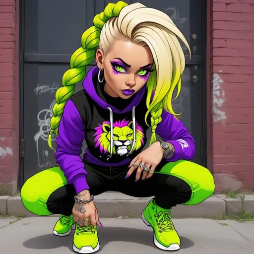 Prompt: A thug ghetto blonde cartoon characture multicolored microbraided hair female with green eyes revealing extra large cleavage wearing tight multicolored neon yellow anf neon purple graffiti outfit and shoes multicolored gothic punk steam punk emo exotic classy gangster pose  original graffiti tech touch hustle balaclava friends muscle  fierce lion graffiti 
