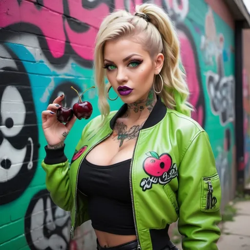 Prompt: Blonde ringlette pigtail hair green eyes also tattoos all over  revealing extra large cleavage full lips wearing designer makeup and tight pants with verticle slits in them graffiti leather bomber jacket medusa neon green graffitti also eating a big cherry