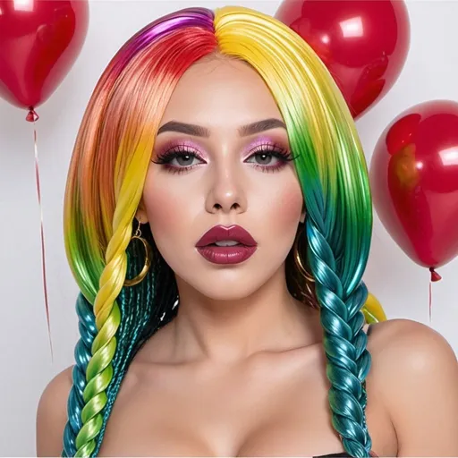 Prompt: Lip shaped chrome shine balloons  Rainbow medusa microbraided blonde and rainbow hair revealing extra large cleavage full lips
with high heel shoes lip shaped balloons multicolored 