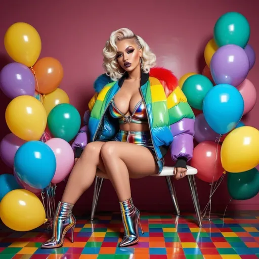 Prompt: Chrome Rainbow medusa microbraided blonde and rainbow hair revealing extra large cleavage full lips
with high heel shoes wearing a matching fur bomber jacket and enchanting revealing matching outfit exotic pose and a matching rainbow checkered floor and lip shaped multicolored shiney chrome balloons chrome shiney