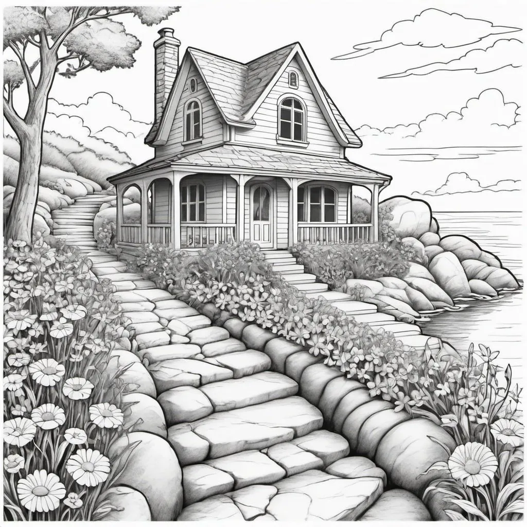 Prompt: Coloring page flowers house path rocks water