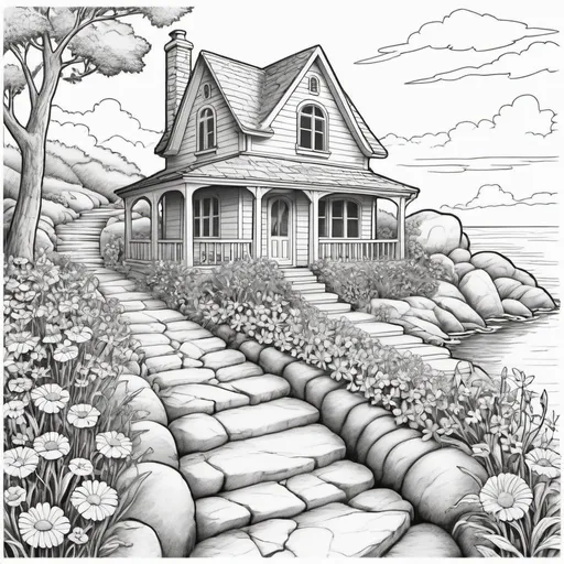 Prompt: Coloring page flowers house path rocks water