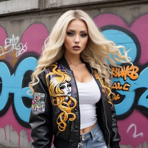 Prompt: Graffiti art face blond long microbraided long medusa hair charachter revealing cleavage graffiti art face make up leathe4 2 piece outfit with graffiti art bomber jacket