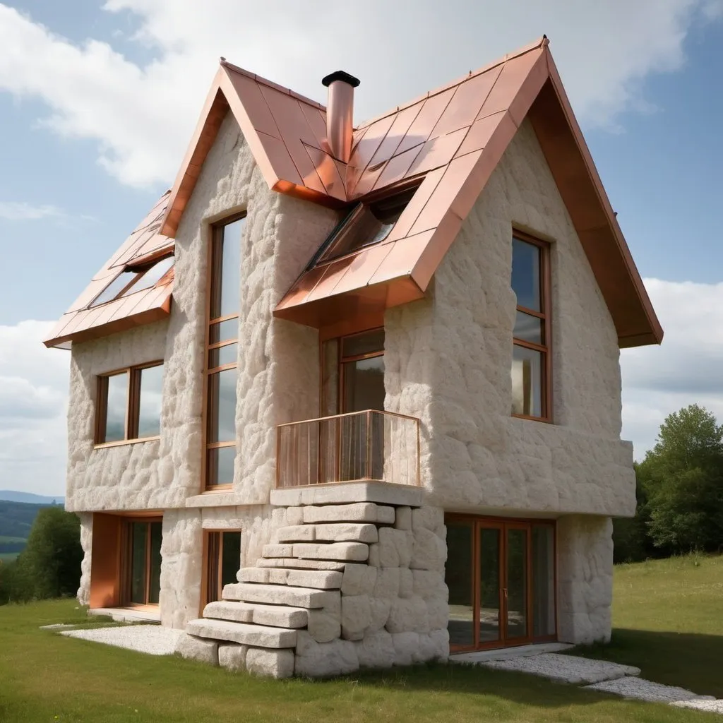 Prompt: A self energized house made out of limestone.Fizzle electric crystals magnets copper