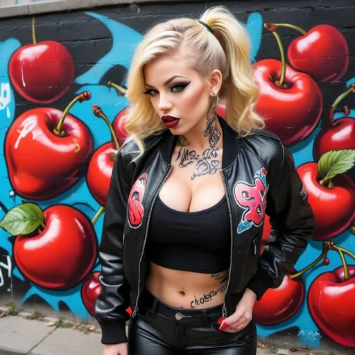 Prompt: Blonde ringlette pigtail hair tattoos revealing extra large cleavage full lips wearing designer makeup and tight pants with verticle slits in them graffiti art black leather bomber jacket medusa graffitti also eating a big cherries and lips graffiti art bomber jacket sedusa