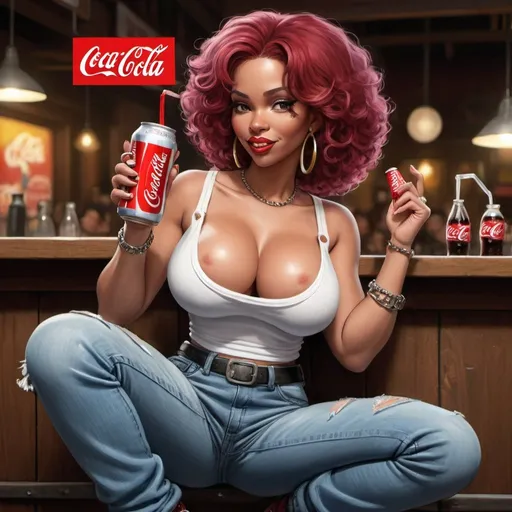 Prompt: Little Annie hip-hop character female with extra large revealing cleavage and holy freyed tight jeans drinking a coke