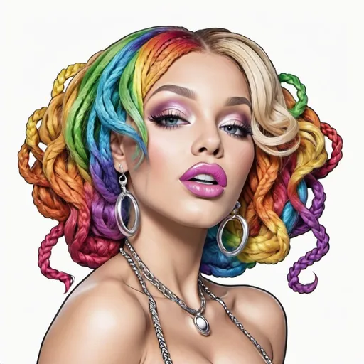 Prompt: Coloring page Ballooms Lip shaped chrome Rainbow medusa microbraided blonde and rainbow hair revealing extra large cleavage full lips
with high heel shoes 