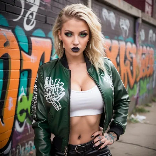 Prompt: Blonde ringlette microbraided hair green eyes also tattoos all over  revealing extra large cleavage full lips wearing designer makeup and tight pants with verticle slits in them graffiti leather bomber jacket medusa graffiti writong in white on jacket