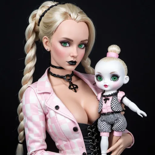 Prompt: Blonde female green eyes  micro braided updo wearing light pink checkered  and white leather outfit revealing extra large cleavage and carrying a designer gothic matching doll