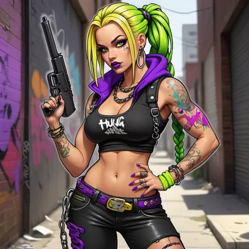 Prompt: A thug ghetto blonde cartoon characture multicolored microbraided hair female with green eyes revealing extra large cleavage wearing tight multicolored neon yellow anf neon purple graffiti outfit and shoes multicolored gothic punk steam punk emo exotic classy gangster pose  original graffiti tech touch hustle balaclava friends muscle holding a gun graffiti 
