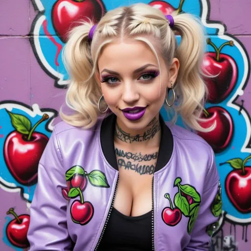 Prompt: Blonde ringlette pigtail hair tattoos revealing extra large cleavage full lips smilinhwearing designer makeup and tight pants with verticle slits in them graffiti art light purple leather bomber jacket medusa graffitti also eating a big cherries and lips graffiti art bomber jacket sedusa