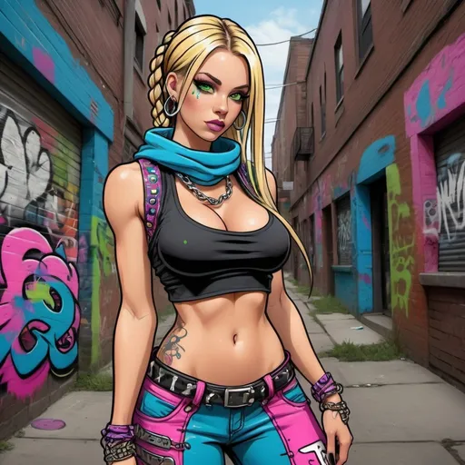 Prompt: cartoon charachture graffitti art blonde multicolored microbraided hair female with green eyes revealing extra large cleavage and tight multicolored graffiti outfit and shoes multicolored pink blue gothic punk steam punk emo exotic classy gangster pose money original graffiti tech touch in the street hustle balaclava friends muscle 
