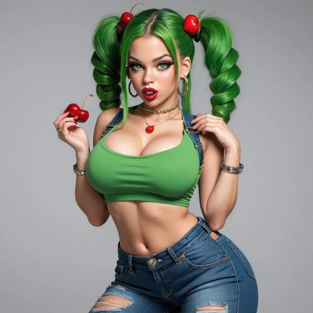 Prompt: Green ringlette pigtail hair green eyes nateral hip-hop character female with extra large revealing cleavage full lips wearing designer makeup and holy freyed tight jeans eating a big cherry