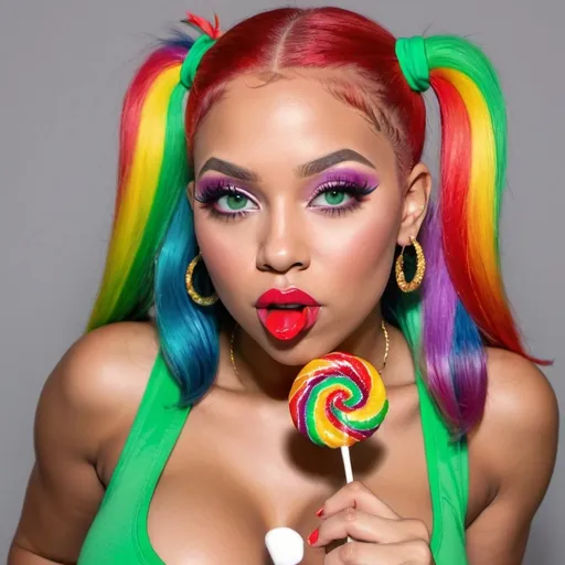 Prompt: rainbow ringlette pigtail hair green eyes nateral hip-hop human female with extra large revealing cleavage full lips wearing designer makeup and holy freyed tight outfit eating a big lollipop