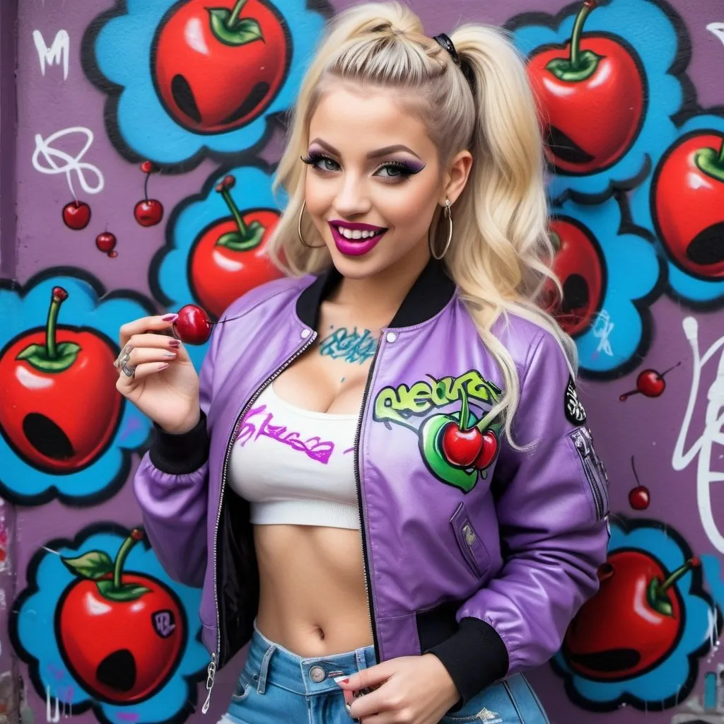 Prompt: Blonde ringlette pigtail hair tattoos revealing extra large cleavage full lips smilinhwearing designer makeup and tight pants with verticle slits in them graffiti art light purple leather bomber jacket medusa graffitti also eating a big cherries and lips graffiti art bomber jacket sedusa