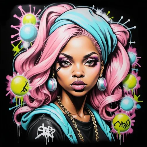 Prompt: A graffiti female charachter bomb hiphop custom pastel art -Sedusa Adornment on black backround