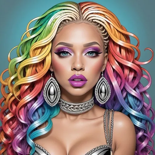 Prompt: Coloring page Lip shaped chrome Rainbow medusa microbraided blonde and rainbow hair revealing extra large cleavage full lips
with high heel shoes 