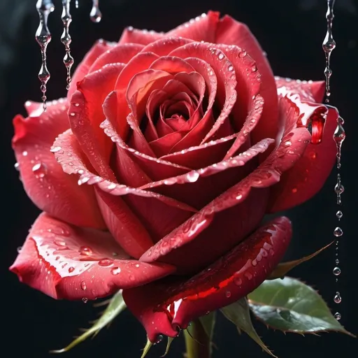 Prompt: A red rose of a godlike light and brilliant detailed color with thorns of glittery dripping water and a hullucination expression of love and life 