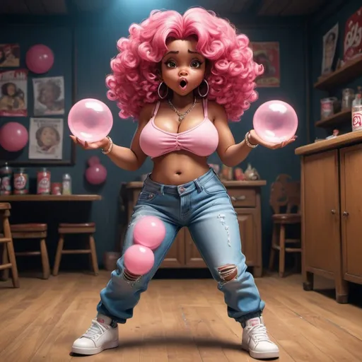 Prompt: Little Annie hip-hop character female with extra large revealing cleavage and holy freyed tight jeans chewing bubble gum and Is twisting it around her finger