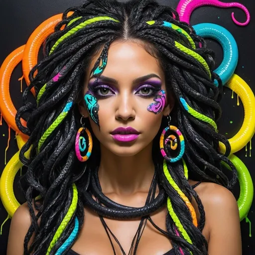 Prompt: Art portrait Color black and multi neon print page Graffiti art face microbraided snake long medusa hair charachter revealing cleavage graffiti art face make up print sedusa adornment