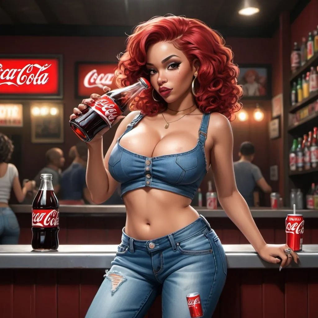 Prompt: Little Annie hip-hop character female with extra large revealing cleavage and holy freyed tight jeans drinking a coke