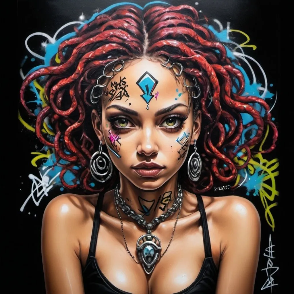 Prompt: A graffiti female charachter custom art original unique energy expression of self  -Sedusa Adornment on black backround