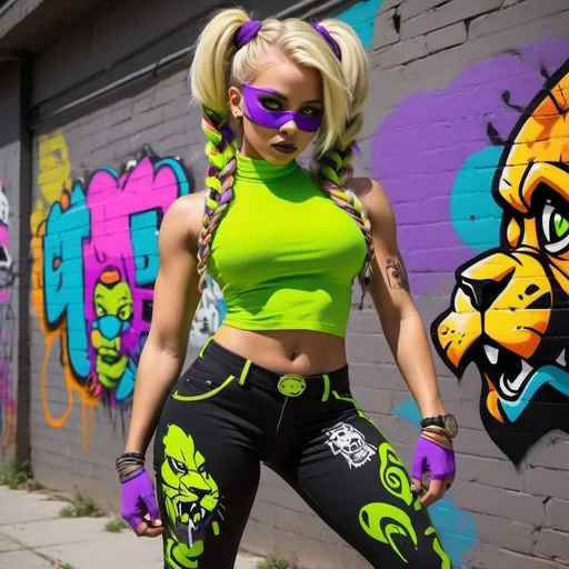 Prompt: Cartoon grafiti characture A thug ghetto blonde cartoon characture multicolored microbraided hair female with green eyes  and neon yellow neon purple revealing extra large cleavage wearing tight multicolored neon graffiti outfit and shoes multicolored gothic punk steam punk emo exotic classy gangster pose  original graffiti tech touch hustle balaclava face mask psycotic friends muscle  fierce lion graffiti wall behind 
