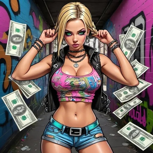 Prompt: cartoon charachture graffitti art blonde multicolored microbraided hair female with green eyes revealing extra large cleavage  money dollar bills and tight multicolored graffiti outfit and shoes multicolored pink blue gothic punk steam punk emo exotic classy gangster pose  original graffiti tech touch the street hustle balaclava friends muscle 
