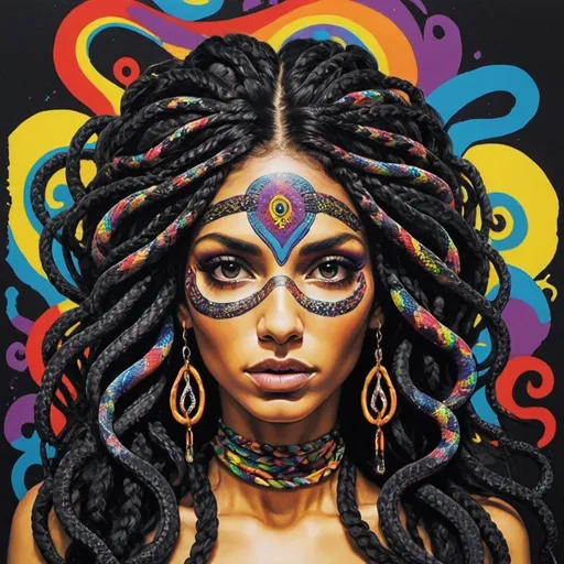 Prompt: Psycadelic hippy Art portrait Color black and bold pqstel print page Graffiti art face microbraided snake long medusa hair charachter revealing cleavage graffiti art face make up print sedusa adornment