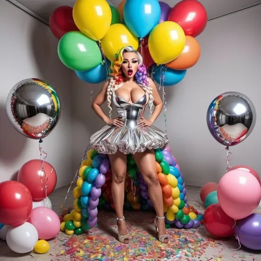 Prompt: boquets of chrome kiss lips balloons chrome Rainbow medusa microbraided blonde and rainbow hair revealing extra large cleavage full lips
with high heel shoes lip shaped balloons multicolored and surprise popping outta the center if a huge cake