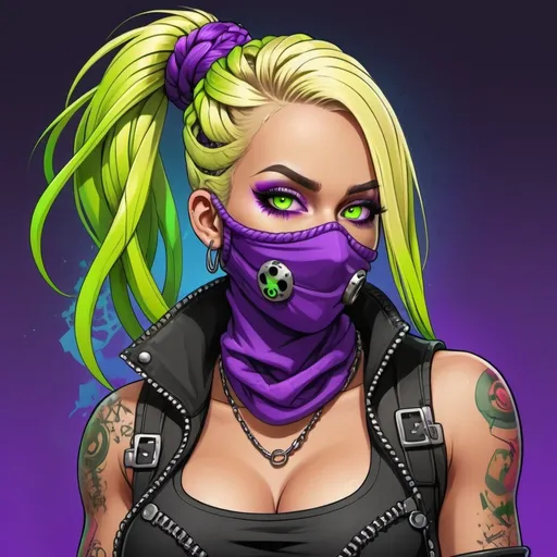 Prompt: A thug ghetto blonde cartoon characture multicolored microbraided hair female with green eyes revealing extra large cleavage wearing tight multicolored neon yellow anf neon purple graffiti outfit and shoes multicolored gothic punk steam punk emo balaclava face mask 
