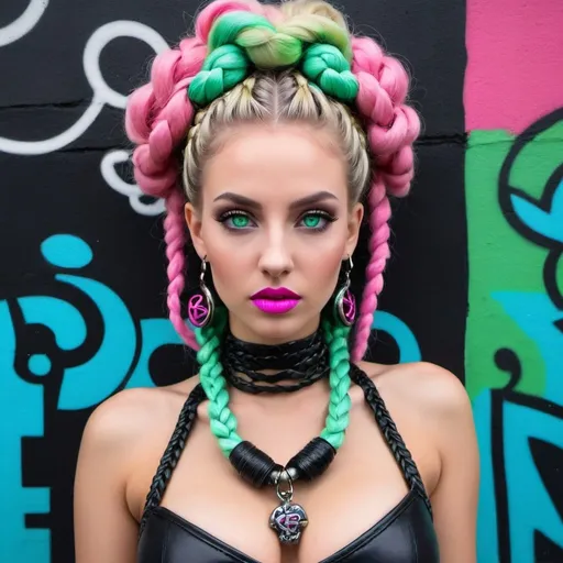 Prompt: The love of my existance long blonde volumous multicolored microbraided medusa designer updo hair, natural green eyes full red lips revealing extra large cleavage exotic 2 piece black and neon pink  neon green pastel blue medusa graffiti bomb printed leather outfit - Sedusa Adornment human